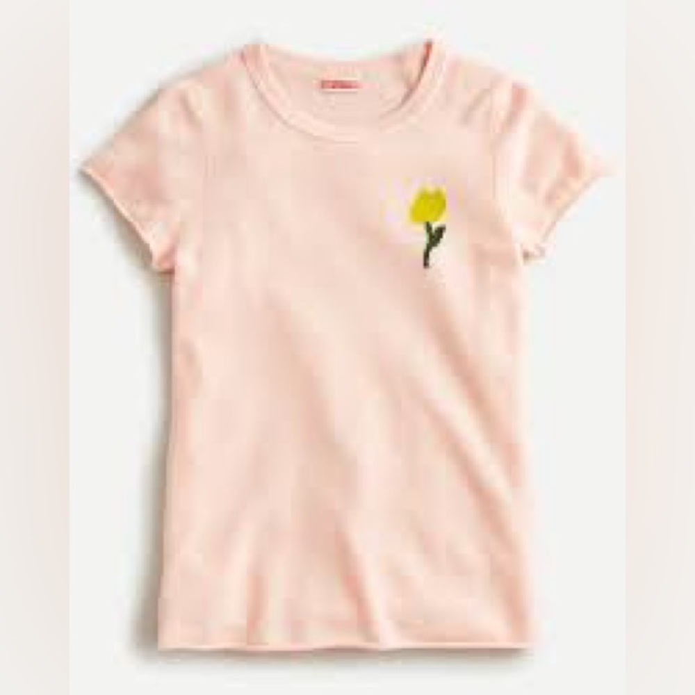J. Crew Pale Pink 100% Cashmere Tee with Yellow Flower- flaws